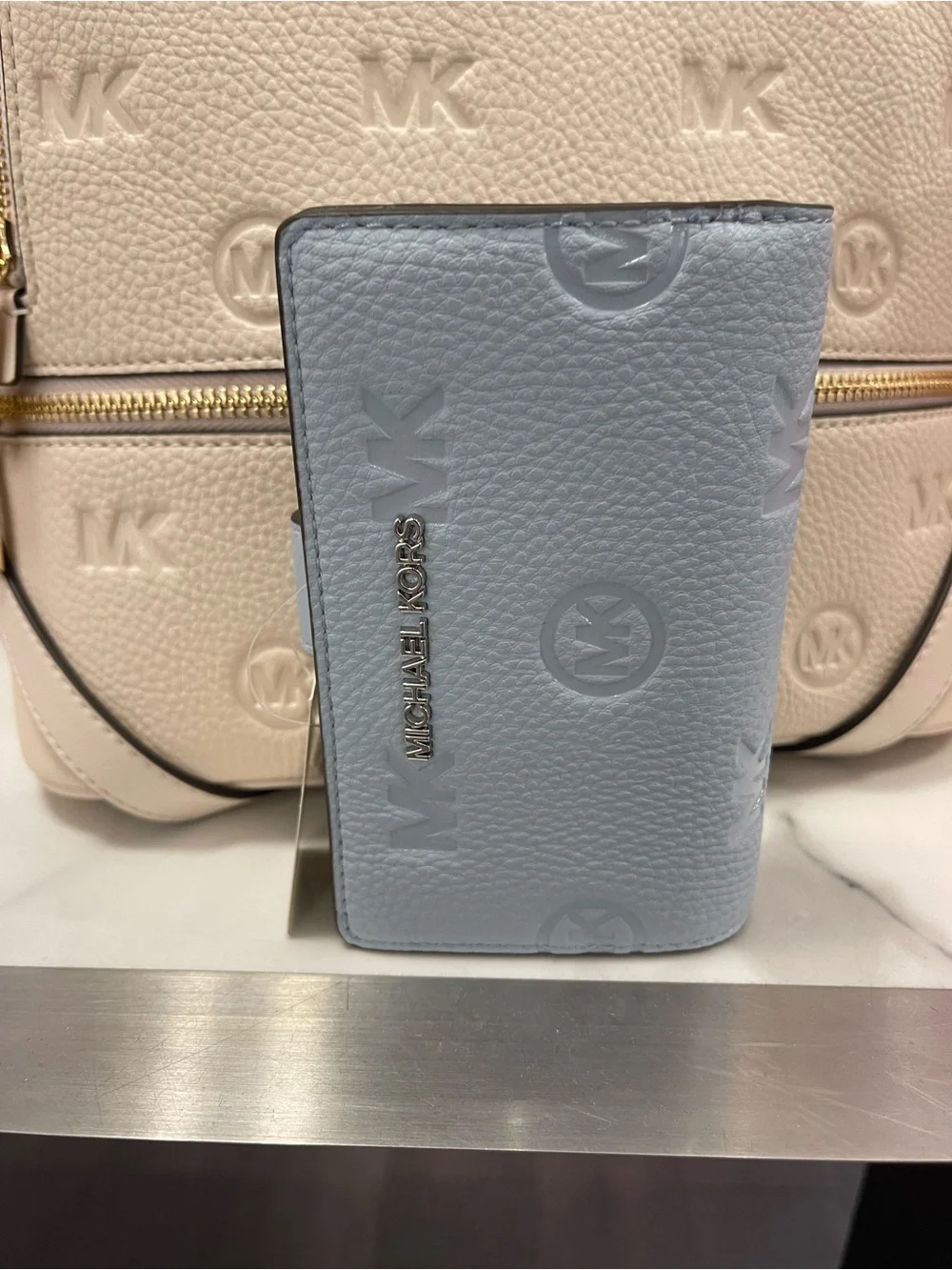 Michael Kors Jet Set Travel Medium Logo Debossed Billfold Wallet Pale Ocean  NWT